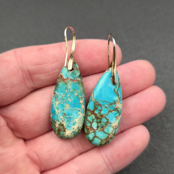 Worn Gold Plated Large Turquoise Stone Dangle Earrings A6751 - Picture 3 of 5